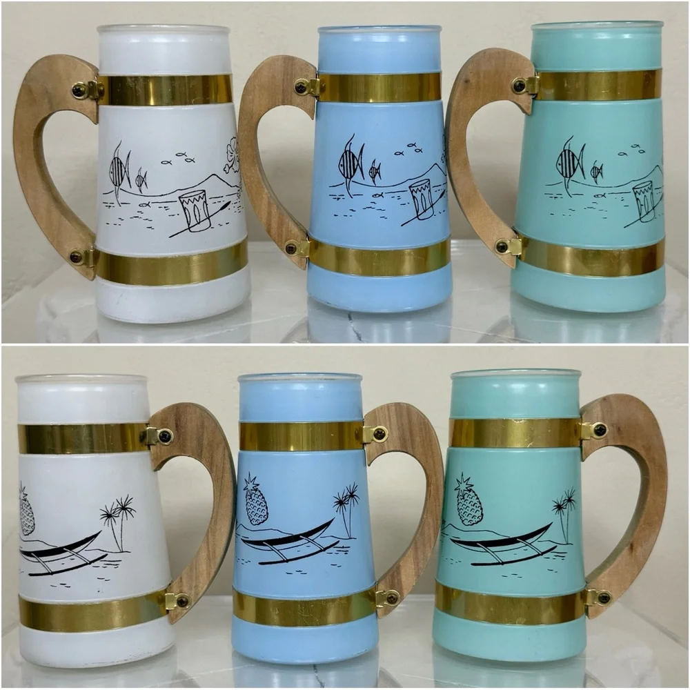 Vintage Siesta Ware Set of 6 Hawaiian Tiki Mugs & Wood Outrigger Canoe Carrier